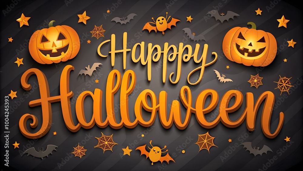 Spooky Happy Halloween Banner: Festive Orange Typography with Jack-o'-Lanterns, Cute Bats, and Spider Webs for Halloween Party Decorations and Greetings