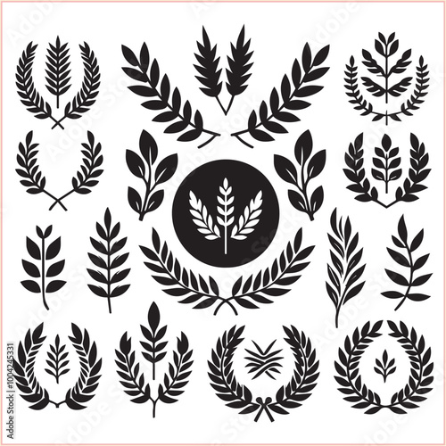 Set of black laurels frames branches Hand drawn vector laurel leaves decorative silhouette elements

