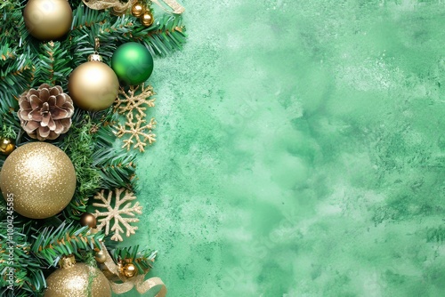 A top view photograph of gold and silver Christmas tree balls, toys, cones, small bells, snowflakes, and serpentines on an isolated green background. photo