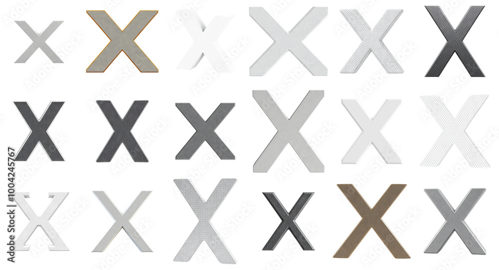 Collection of 3D Gray Cross Icons with Transparent Background for Design Overlays - Isolated Set of 18 'X' Graphics in PNG Format Collection of 3D Gray Cross Icons with Transparent Background for Design Overlays - Isolated Set of 18 'X' Graphics in PNG Format