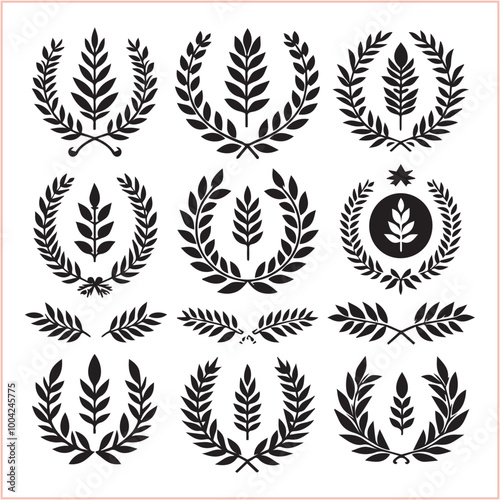 Set of black laurels frames branches Hand drawn vector laurel leaves decorative silhouette elements

