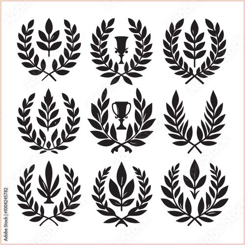 Set of black laurels frames branches Hand drawn vector laurel leaves decorative silhouette elements

