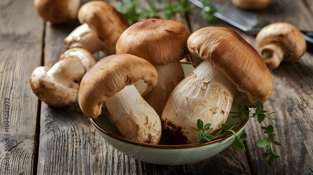 porcini mushrooms on a rustic wooden table in the kitchen. porcini mushrooms on a rustic wooden table in the kitchen.