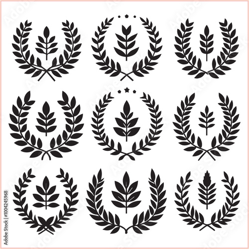 Set of black laurels frames branches Hand drawn vector laurel leaves decorative silhouette elements

