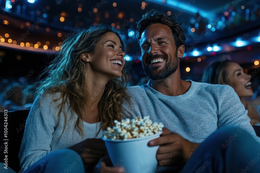 A couple revels in laughter and shared happiness while watching a movie at a lively cinema, enjoying popcorn and each other's company during the vibrant, joyous outing. A couple revels in laughter and shared happiness while watching a movie at a lively cinema, enjoying popcorn and each other's company during the vibrant, joyous outing.