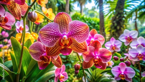 Close up of a stunning orchid flower blooming in a vibrant tropical garden during spring season