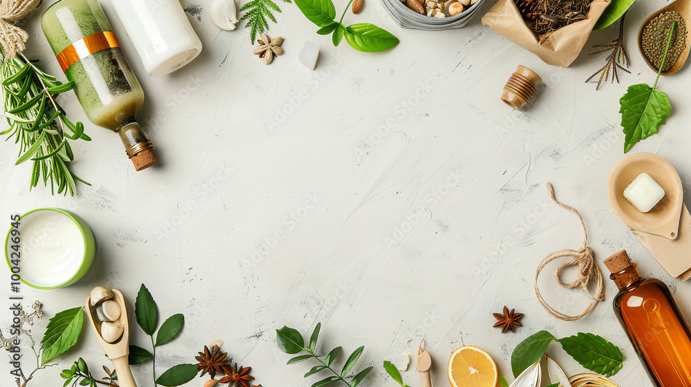 Overhead view of an assortment of fresh herbs spices and other cooking ingredients arranged on a light background with ample copy space  This image represents a healthy natural