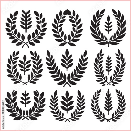 Set of black laurels frames branches Hand drawn vector laurel leaves decorative silhouette elements


