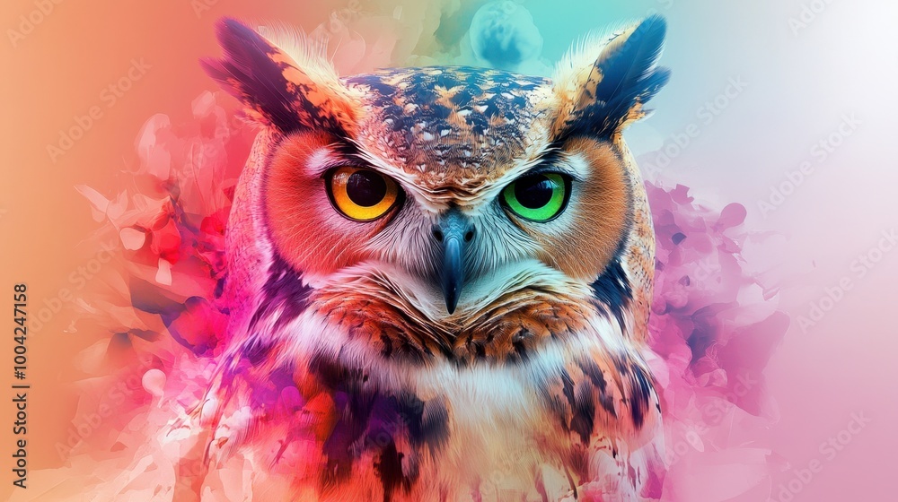 A stunning abstract portrait of an owl with vibrant colors, using double exposure effects to merge nature and wildlife in a surreal art style. A stunning abstract portrait of an owl with vibrant colors, using double exposure effects to merge nature and wildlife in a surreal art style.