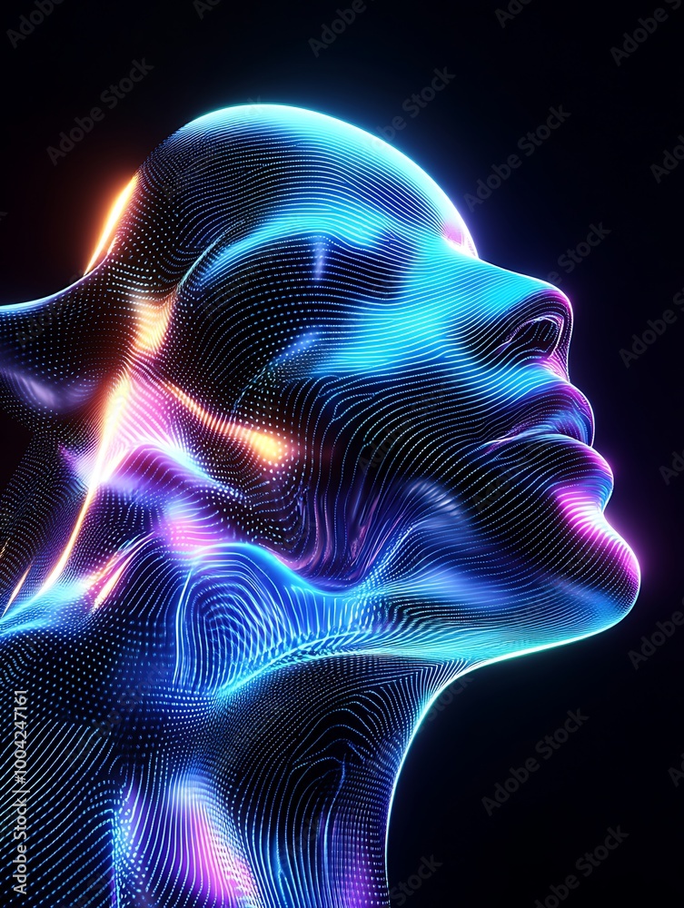 A vibrant 3D abstract representation of a human face, showcasing colorful, flowing lines and a futuristic aesthetic. A minimalist poster in metallic and chrome gradient style. A vibrant 3D abstract representation of a human face, showcasing colorful, flowing lines and a futuristic aesthetic. A minimalist poster in metallic and chrome gradient style.