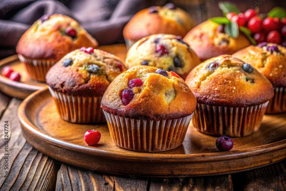 Closeup of Freshly Baked Muffins on a Rustic Brown Plate Perfect for Breakfast or Dessert Treats Closeup of Freshly Baked Muffins on a Rustic Brown Plate Perfect for Breakfast or Dessert Treats