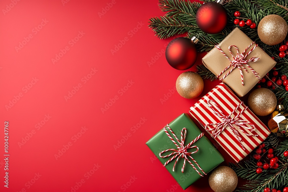 Concept for Christmas Eve. Photo of present boxes with ribbons and red green baubles and gold star ornaments in snow on an isolated red background. Concept for Christmas Eve. Photo of present boxes with ribbons and red green baubles and gold star ornaments in snow on an isolated red background.