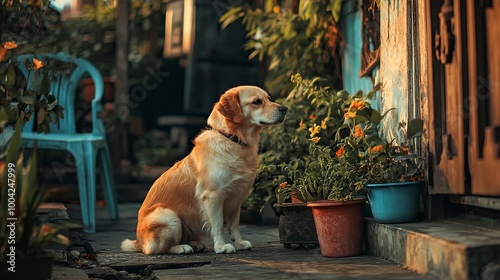 Anjing penjaga besar duduk di depan rumah. Dekat gambar anjing penjaga duduk di depan rumah dan latar belakang taman. Watchdog konsep. generative ai photo