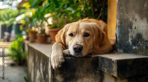 Anjing penjaga besar duduk di depan rumah. Dekat gambar anjing penjaga duduk di depan rumah dan latar belakang taman. Watchdog konsep. generative ai photo