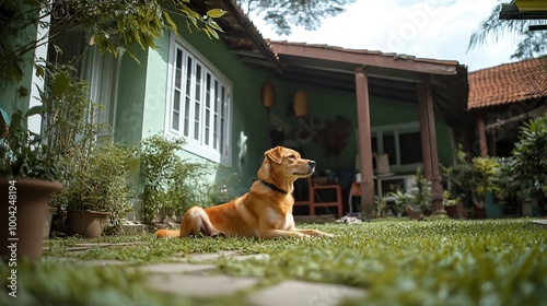 Anjing penjaga besar duduk di depan rumah. Dekat gambar anjing penjaga duduk di depan rumah dan latar belakang taman. Watchdog konsep. generative ai photo