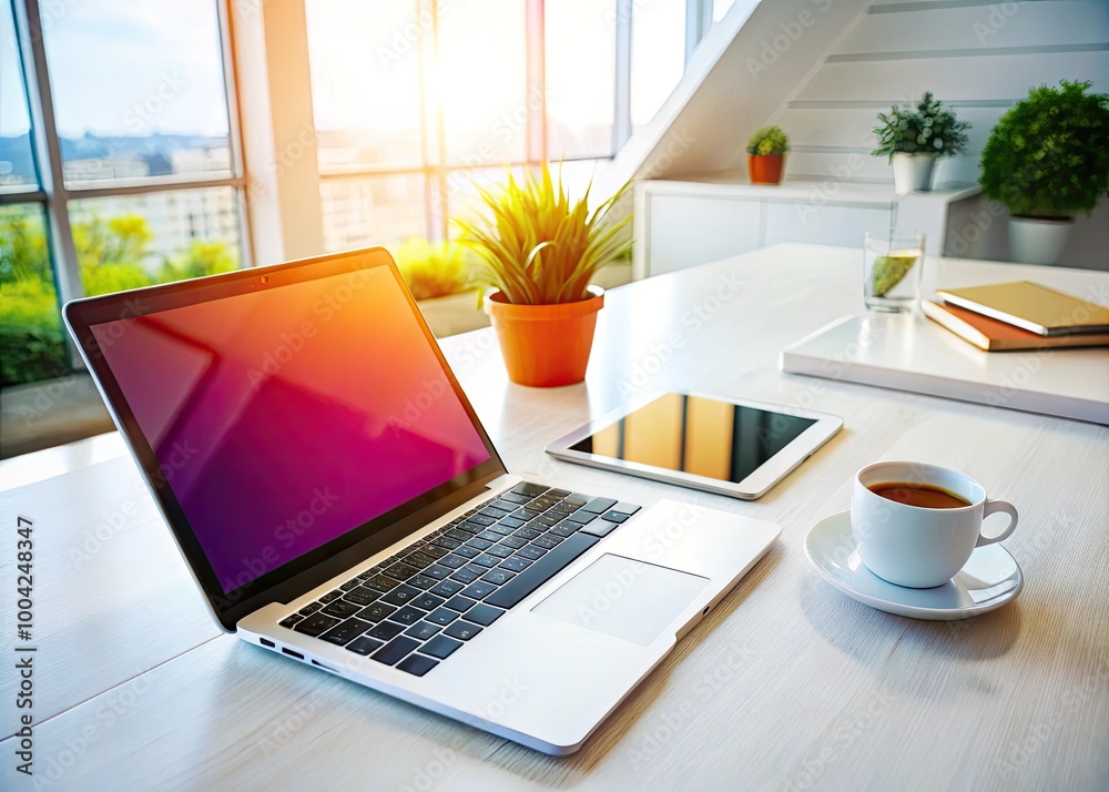 Fototapeta premium Close Up of Laptop and Digital Tablet on White Office Table for Business and Productivity Concepts