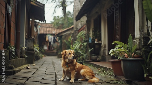 Anjing penjaga besar duduk di depan rumah. Dekat gambar anjing penjaga duduk di depan rumah dan latar belakang taman. Watchdog konsep. generative ai photo