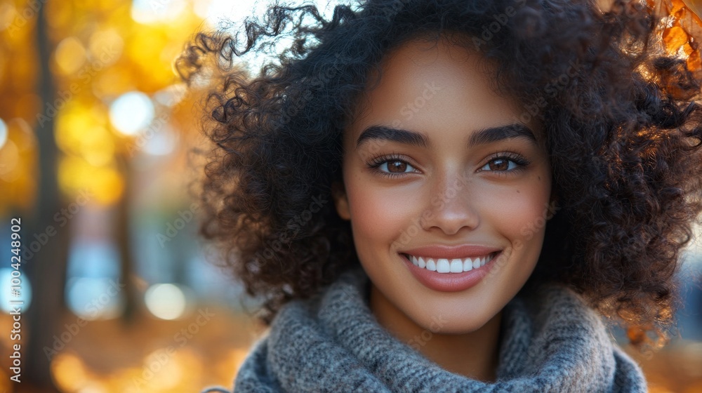 A woman with curly hair is smiling and wearing a gray scarf A woman with curly hair is smiling and wearing a gray scarf