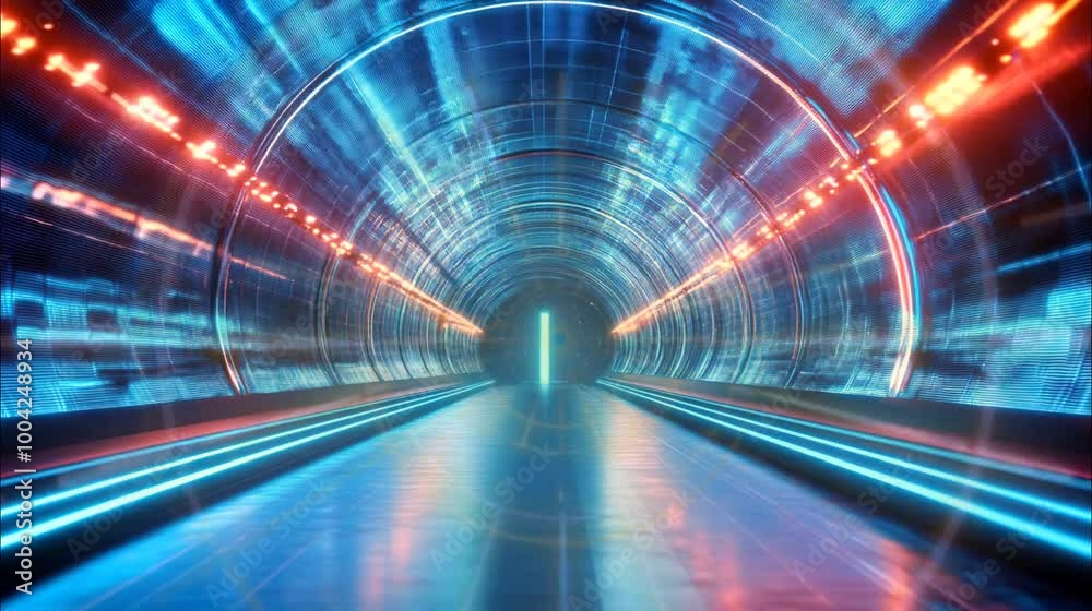 Futuristic tunnel with neon lights and glowing lines.
Futuristic tunnel with neon lights and glowing lines.