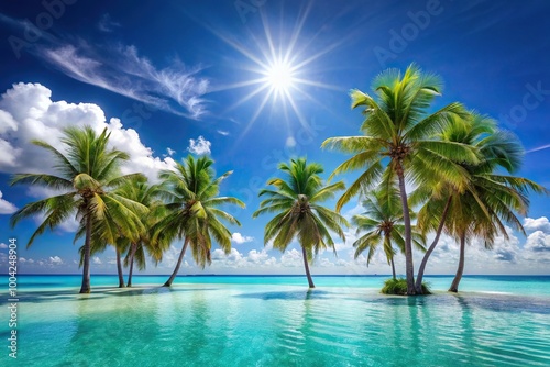 Idyllic paradise tropical palm trees on azure ocean under brilliant sunshine