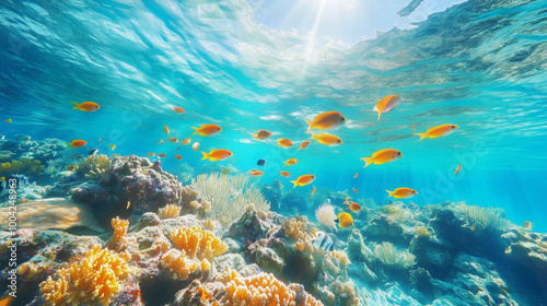 A school of colorful tropical fish swimming through a vibrant coral reef 