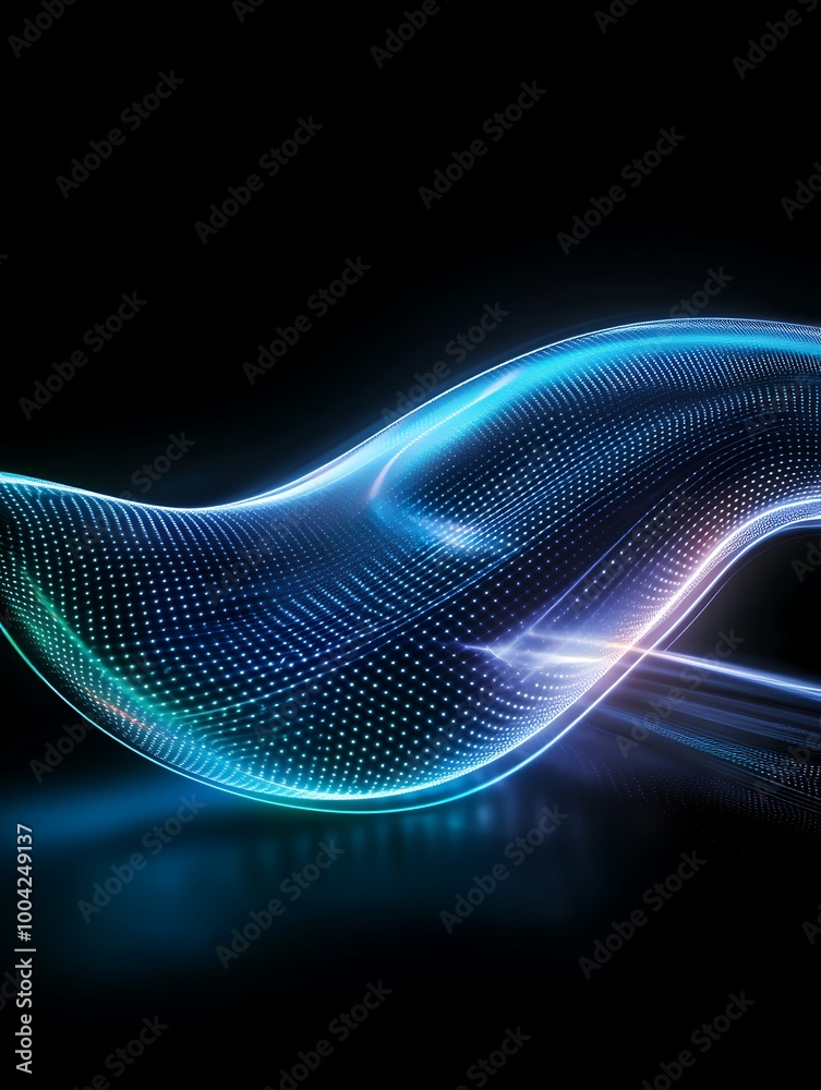 A vibrant blue wave of light with a digital texture, creating a mesmerizing visual effect against a dark background. A minimalist poster in metallic and chrome gradient style. A vibrant blue wave of light with a digital texture, creating a mesmerizing visual effect against a dark background. A minimalist poster in metallic and chrome gradient style.