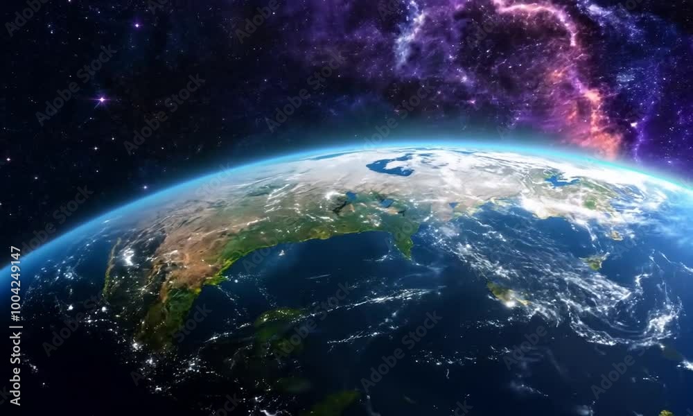 View of planet Earth from space with a glowing atmosphere and stars in the background View of planet Earth from space with a glowing atmosphere and stars in the background