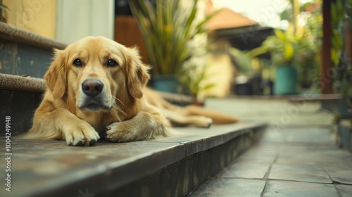 Anjing penjaga besar duduk di depan rumah. Dekat gambar anjing penjaga duduk di depan rumah dan latar belakang taman. Watchdog konsep. generative ai photo