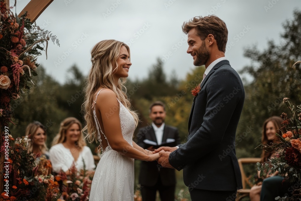 A couple getting married, surrounded by friends and family, with a photographer capturing the moment