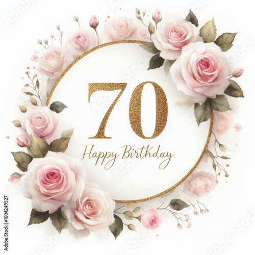 Elegant 70th birthday greeting with pink roses and golden accents.