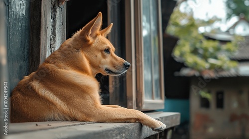 Anjing penjaga besar duduk di depan rumah. Dekat gambar anjing penjaga duduk di depan rumah dan latar belakang taman. Watchdog konsep. generative ai photo