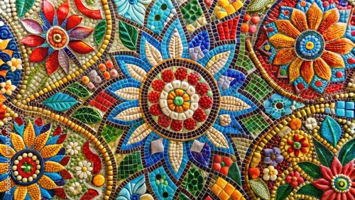 Close up of vibrant and intricate glass mosaic mural with detailed patterns and colors for design inspiration and artistic projects