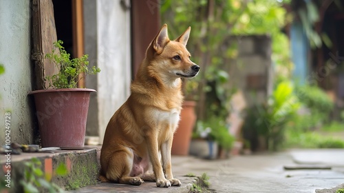 Anjing penjaga besar duduk di depan rumah. Dekat gambar anjing penjaga duduk di depan rumah dan latar belakang taman. Watchdog konsep. generative ai photo