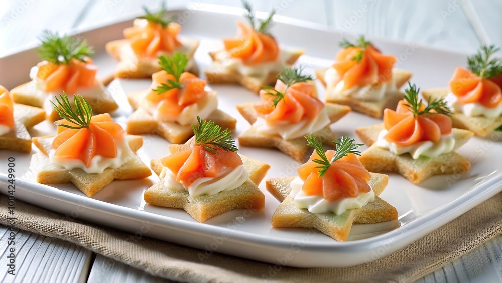 Panoramic Smoked Salmon and Cream Cheese Star Shaped Appetizers on White Platter Panoramic Smoked Salmon and Cream Cheese Star Shaped Appetizers on White Platter