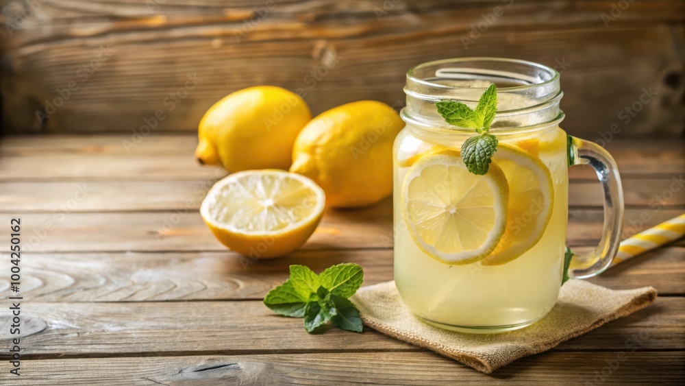 Refreshing homemade lemonade served in a rustic mason jar with lemon slices on a wooden table Refreshing homemade lemonade served in a rustic mason jar with lemon slices on a wooden table