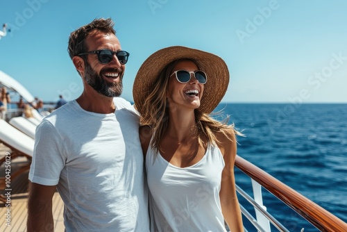 A smiling couple, leaning against the cruise railing, wearing casual wear and sunglasses, savoring the serene ocean view and the joy of a shared adventure.