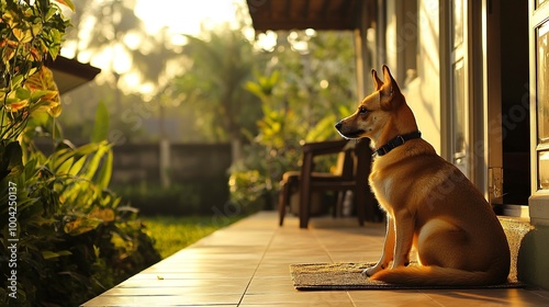 Anjing penjaga besar duduk di depan rumah. Dekat gambar anjing penjaga duduk di depan rumah dan latar belakang taman. Watchdog konsep. generative ai photo