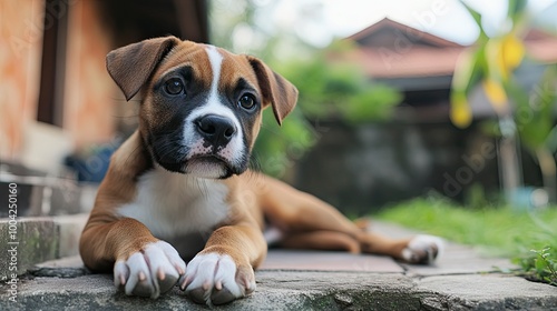 Anjing penjaga besar duduk di depan rumah. Dekat gambar anjing penjaga duduk di depan rumah dan latar belakang taman. Watchdog konsep. generative ai photo