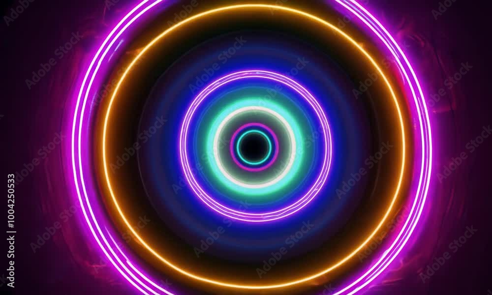 Vibrant neon concentric circles in purple, orange, and blue creating a glowing tunnel effect on a dark background Vibrant neon concentric circles in purple, orange, and blue creating a glowing tunnel effect on a dark background