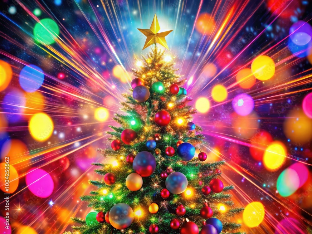 Fototapeta premium Colorful Abstract Christmas Tree with Holiday Lights for Greeting Card or Banner Frame Background