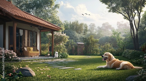 Anjing penjaga besar duduk di depan rumah. Dekat gambar anjing penjaga duduk di depan rumah dan latar belakang taman. Watchdog konsep. generative ai photo