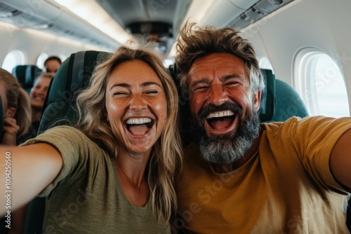 A joyful couple is taking a fun selfie on an airplane, capturing the excitement and happiness of travel while sitting together in comfortable seats, smiling broadly.