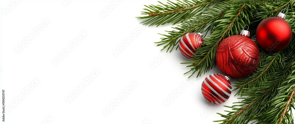 A Christmas tree branch with red balls is isolated on a transparent background, with a border