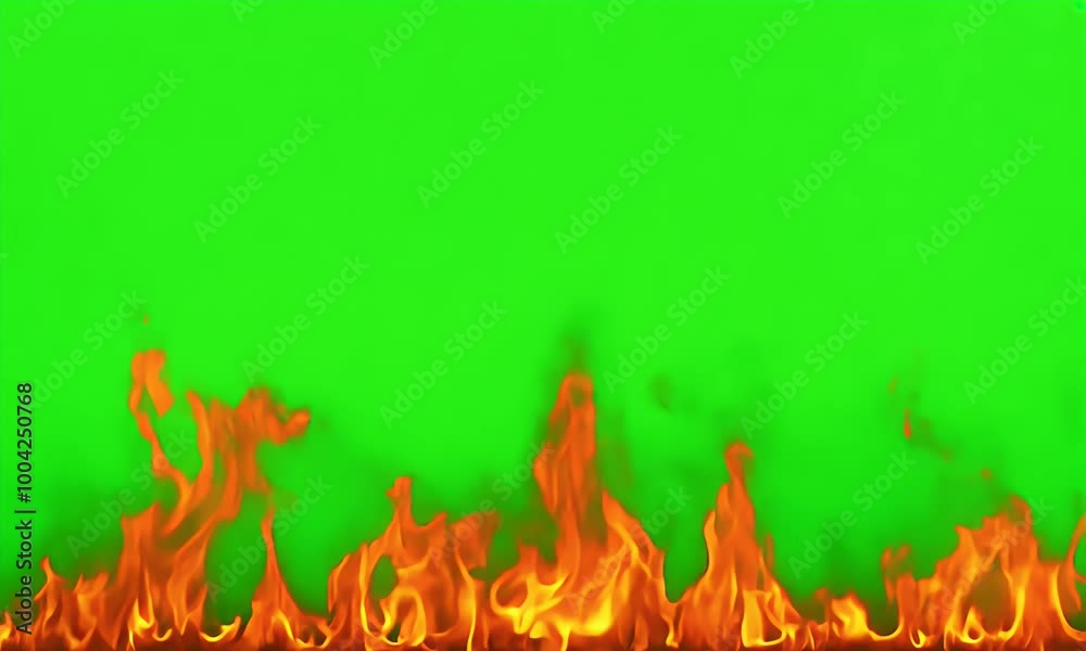 Flickering fire flames contrast beautifully against a bright green screen, perfect for adding visual effects to creative designs
