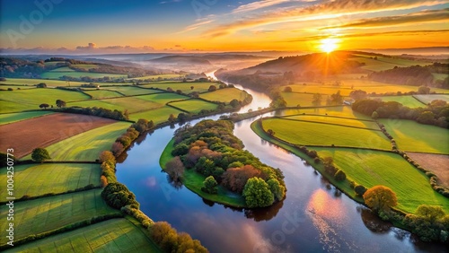 Panoramic sunrise view over the River Teign and fields in Newton Abbot photo