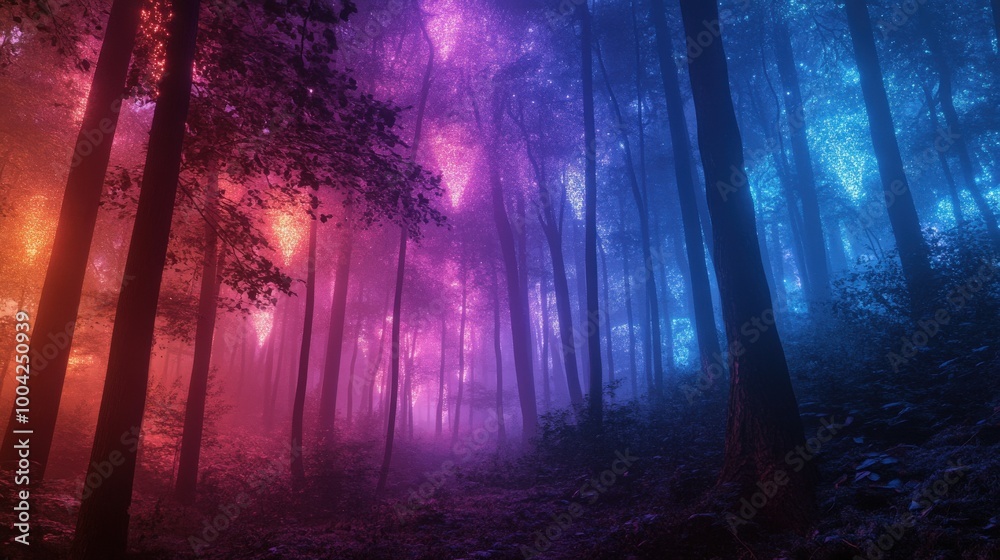 The forest is transformed into a magical realm as neon trees emit enchanting hues of blue and pink under a twilight sky, creating a captivating atmosphere The forest is transformed into a magical realm as neon trees emit enchanting hues of blue and pink under a twilight sky, creating a captivating atmosphere