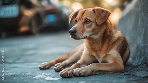 Anjing penjaga besar duduk di depan rumah. Dekat gambar anjing penjaga duduk di depan rumah dan latar belakang taman. Watchdog konsep. generative ai photo