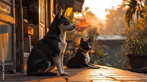 Anjing penjaga besar duduk di depan rumah. Dekat gambar anjing penjaga duduk di depan rumah dan latar belakang taman. Watchdog konsep. generative ai photo