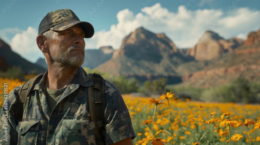 Senior man in desert wildflower field. Veteran nature explorer Senior man in desert wildflower field. Veteran nature explorer