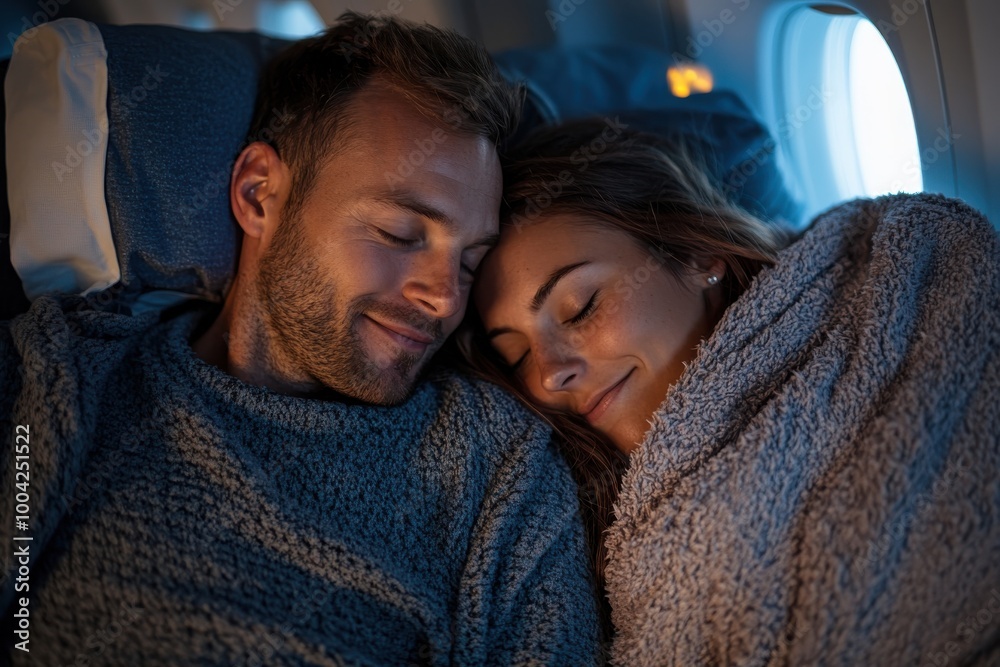 A serene couple cuddled and napping together under plush blankets on a softly lit airplane, their faces radiating peace and contentment during restful air travel. A serene couple cuddled and napping together under plush blankets on a softly lit airplane, their faces radiating peace and contentment during restful air travel.